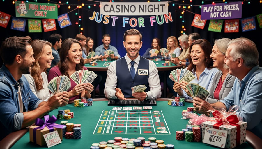 Casino-night playing cards, dice, and colorful tokens on a felt gaming table