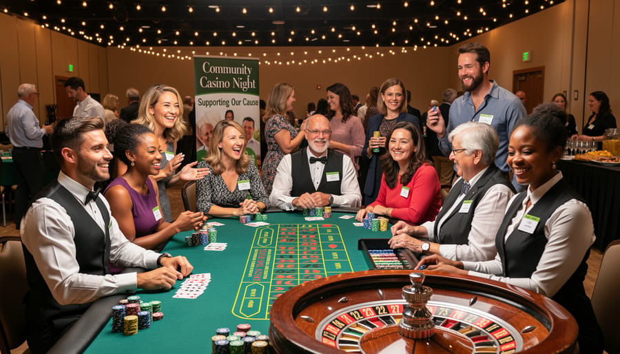 People gathered around gaming tables at a casino night festival in a community hall with dealers dealing cards