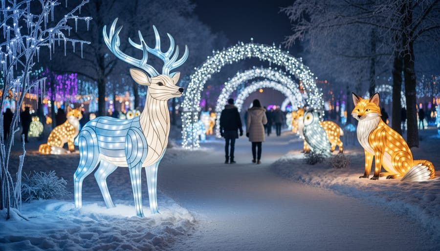 A low-angle view of a glowing pathway with an animal-shaped light display and frosty ground at Wild Lights.