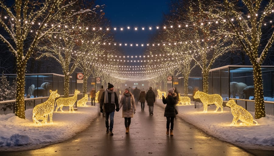 Families bundled in winter coats walk along an illuminated path at Riverbanks Zoo during Wild Lights.