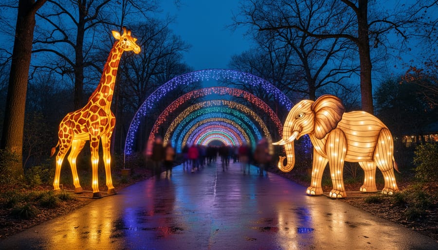 Nighttime view inside Riverbanks Zoo with glowing LED pathways and large illuminated animal lantern sculptures, including a giraffe and elephant.