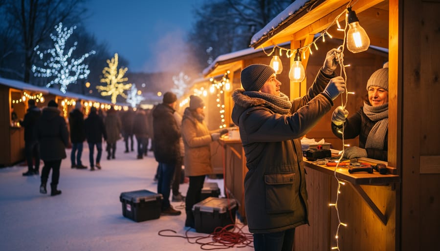 Volunteers adjust a winter lighting fixture during Wild Lights at Riverbanks Zoo & Garden.