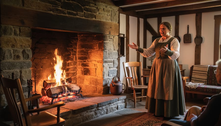 A costumed museum interpreter speaks by a glowing fireplace in Battlefield House Museum & Park during winter.