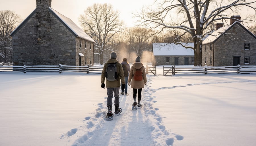 A family snowshoeing on a winter trail through the historic grounds of Battlefield House Museum & Park.