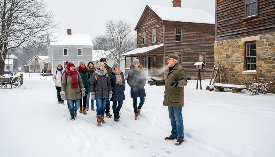 A guided group walks along a snowy path between historic buildings at Battlefield House Museum & Park.