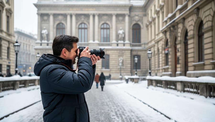 A visitor photographs a snow-covered historic building at Battlefield House Museum & Park using a tripod camera.