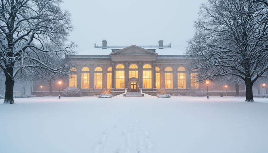 A wide winter establishing view of Battlefield House Museum & Park with snow-covered grounds and a warm glowing window.