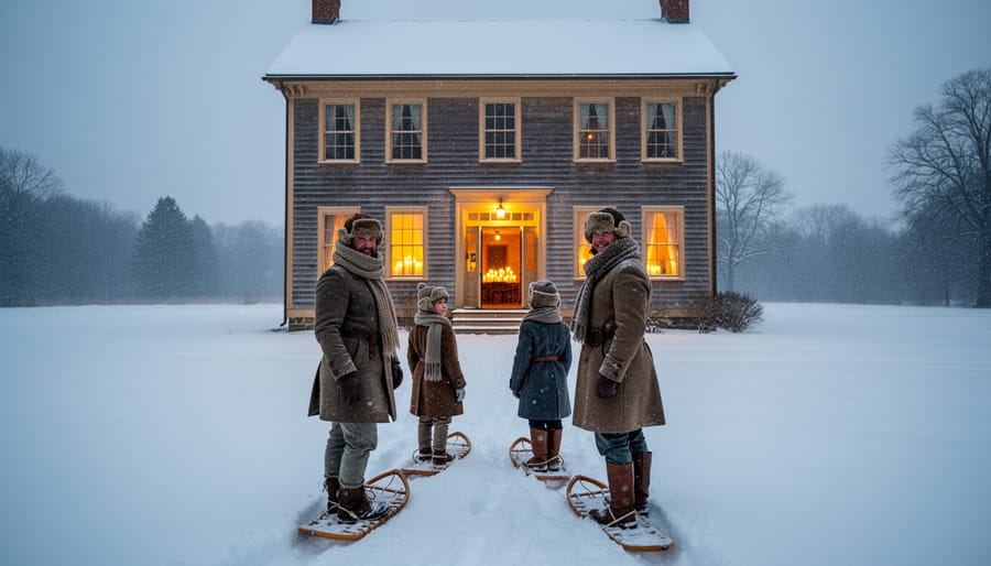 Candlelit doorway of Battlefield House with visitors bundled in winter clothing and snowshoes on snowy park grounds in Ontario