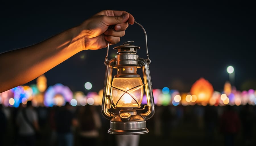 Close-up of hands holding a small lit glass lantern with warm candlelight in a winter home setting.