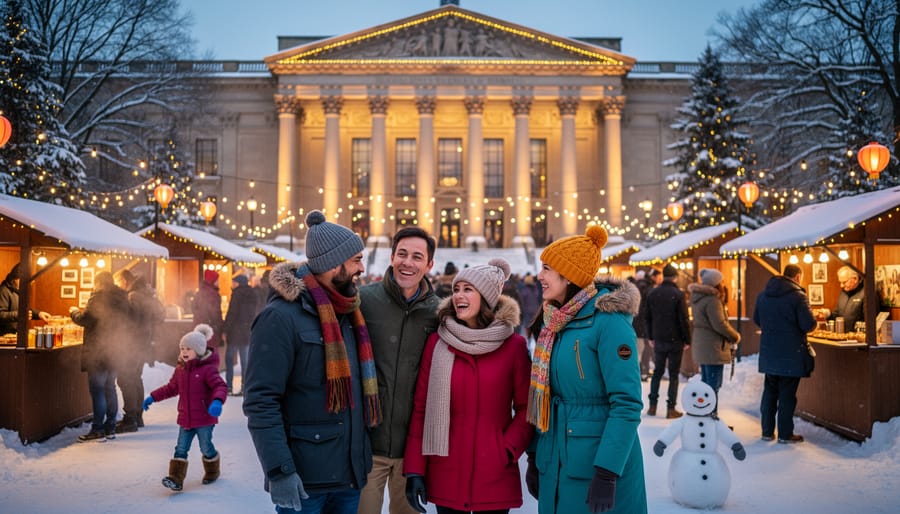 Families gather at a winter event outdoors near historic museum buildings.