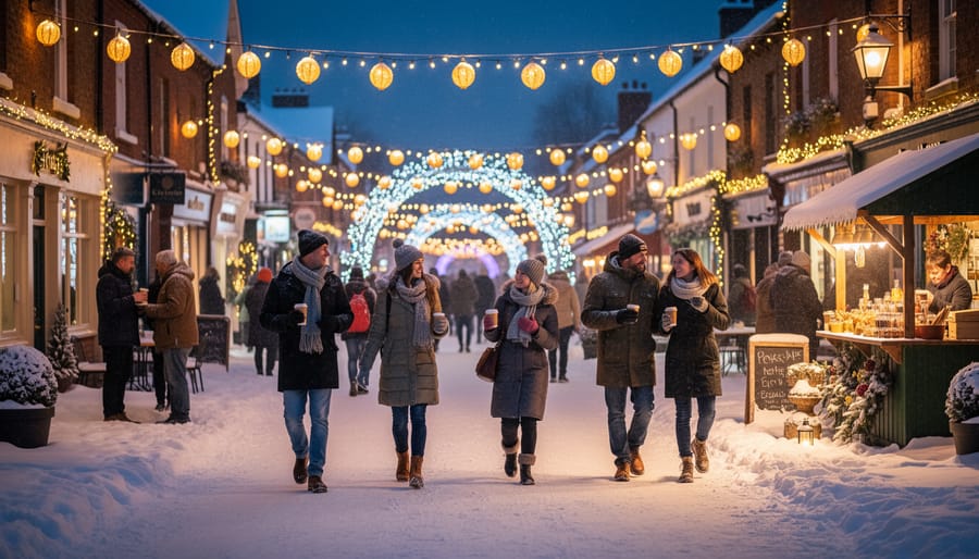 Families walking past glowing storefront windows wrapped in warm white fairy lights on a snowy winter evening.