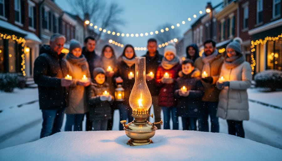People in winter clothing holding lit candles and lanterns on a snowy evening street, glowing warm against cool twilight.