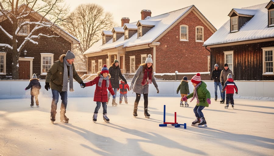 People skating outdoors on an icy winter surface near the historic museum grounds.