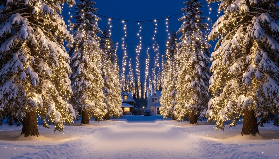 Snow-covered trees glowing with warm white lights during a winter light installation at night.