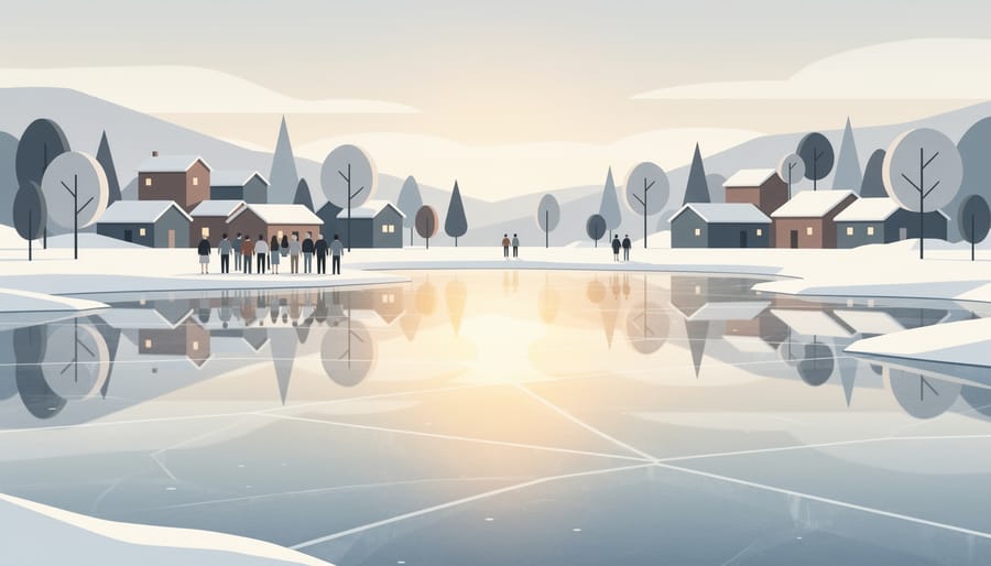 Warm amber light reflections shimmering on a snowy winter river surface.