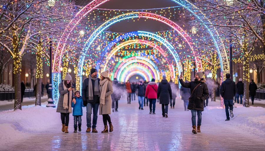 A nighttime pathway filled with glowing winter light displays with visitors walking toward the illuminated attractions.