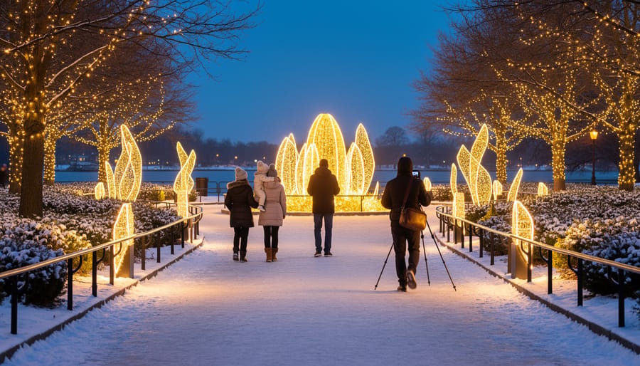 Twinkling Christmas lights in Jackson Park at dusk with bundled visitors walking past glowing light installations.