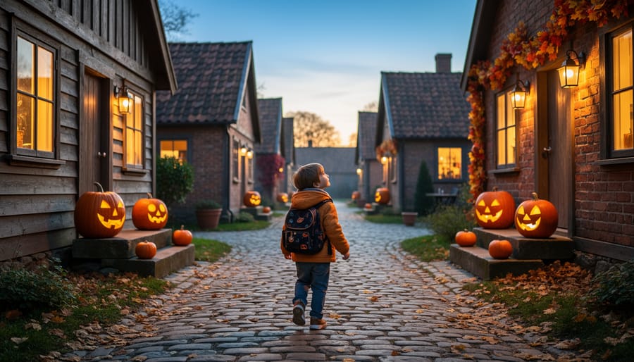 Child with flashlight and treat bag standing at a decorated historic museum doorway