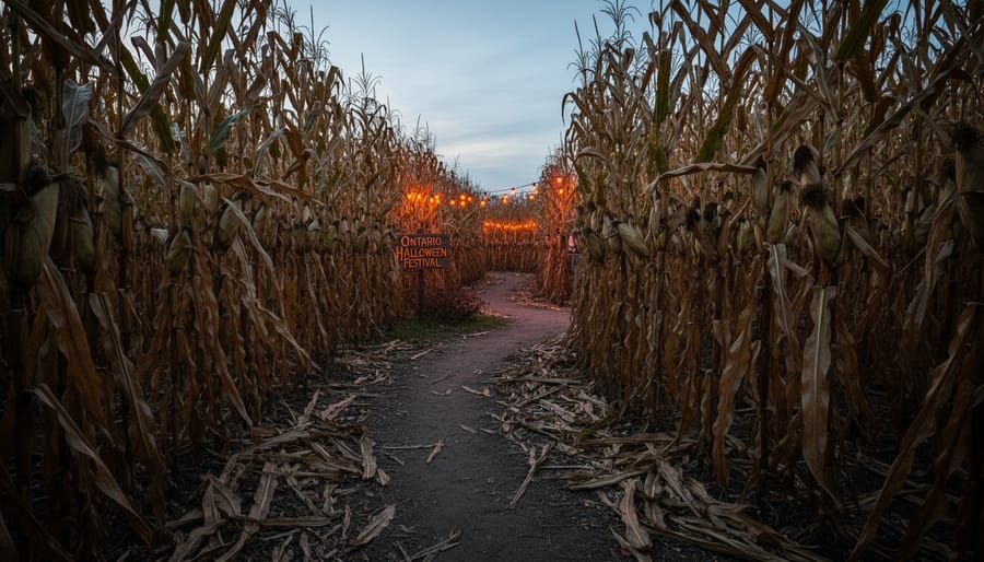 A dirt path leading into a corn maze with tall autumn corn stalks under golden hour light.