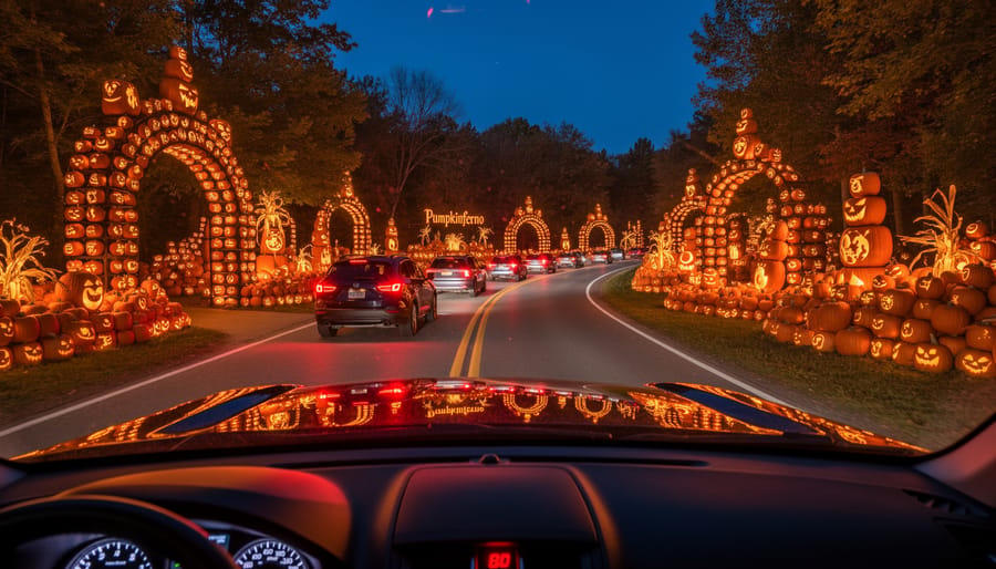 Vehicles passing illuminated autumn displays during a Pumpkinferno drive-thru evening