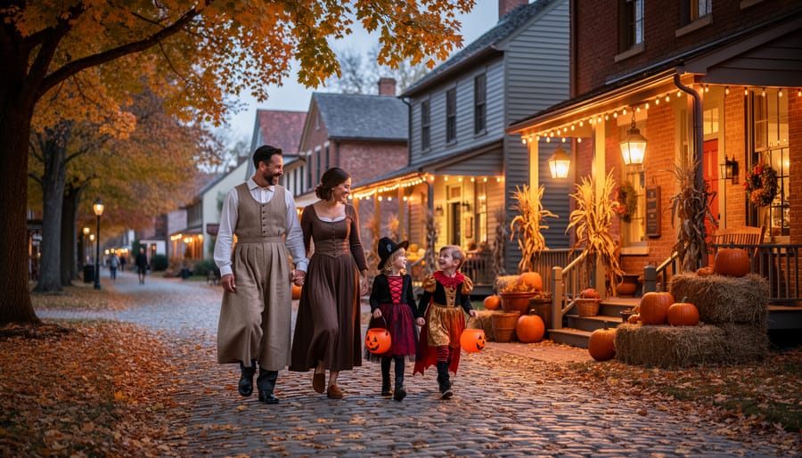 Family in Halloween costumes walking down a warmly lit historic street at a museum village