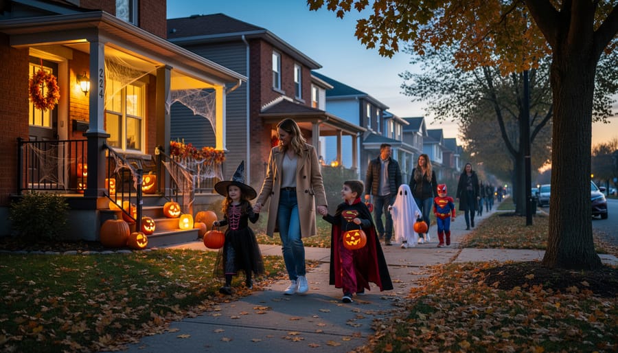 Costumed trick-or-treaters and a parent near a decorated doorway at dusk.