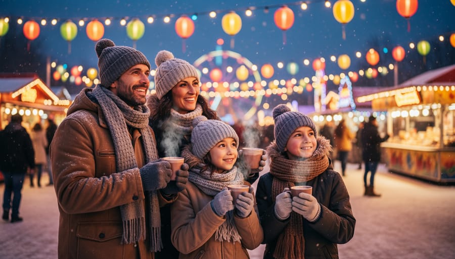 Family bundled in winter coats holding hot drinks while watching illuminated light displays in the background.