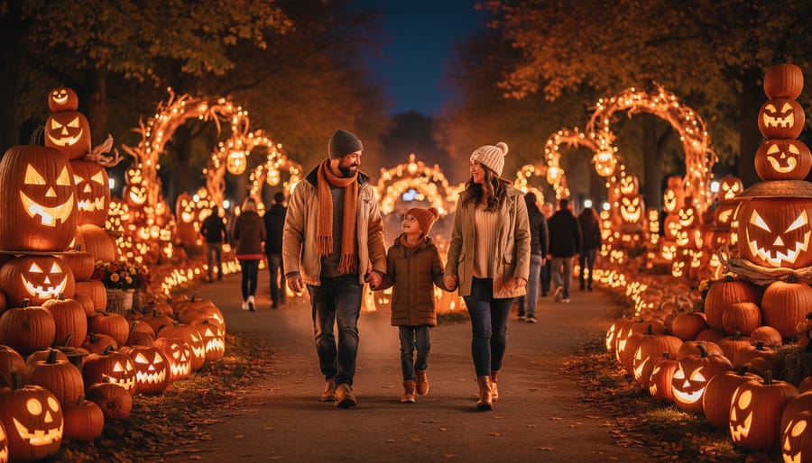 Family walking along a pumpkin-lit path at Discovery Harbour during Pumpkinferno at night