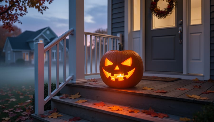 A carved pumpkin glowing on a front porch at dusk with fall leaves nearby.