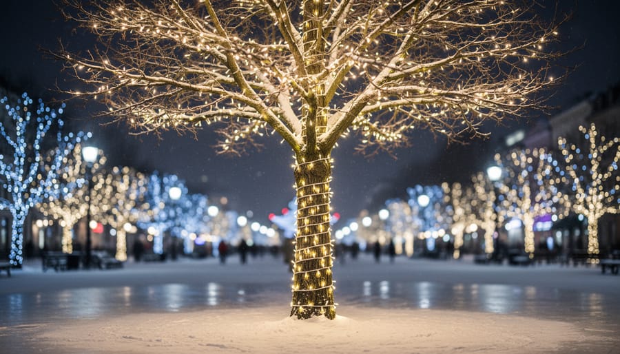 Close view of a winter tree wrapped in glowing white and blue lights with blurred light displays in the background.