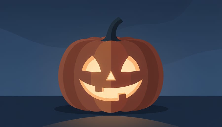 Close-up of hands holding a glowing jack-o'-lantern with autumn lights blurred in the background