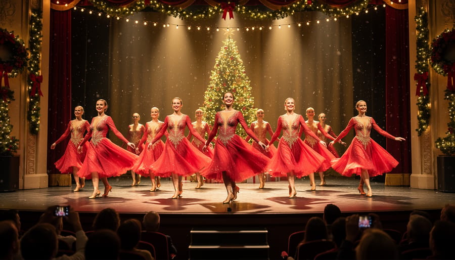 Holiday performance stage with dancers under a spotlight and a blurred audience in the foreground.