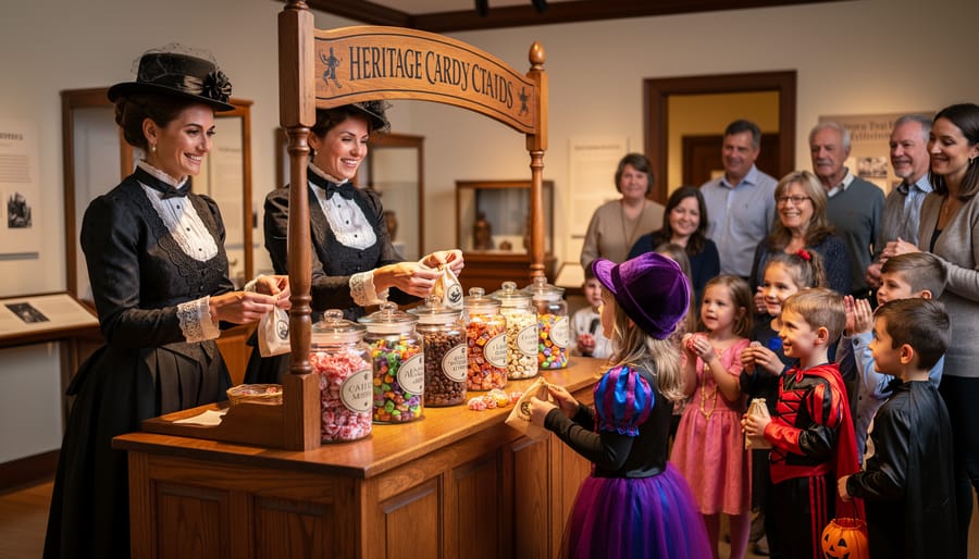 Costumed museum interpreter handing candy to a child at a heritage candy station