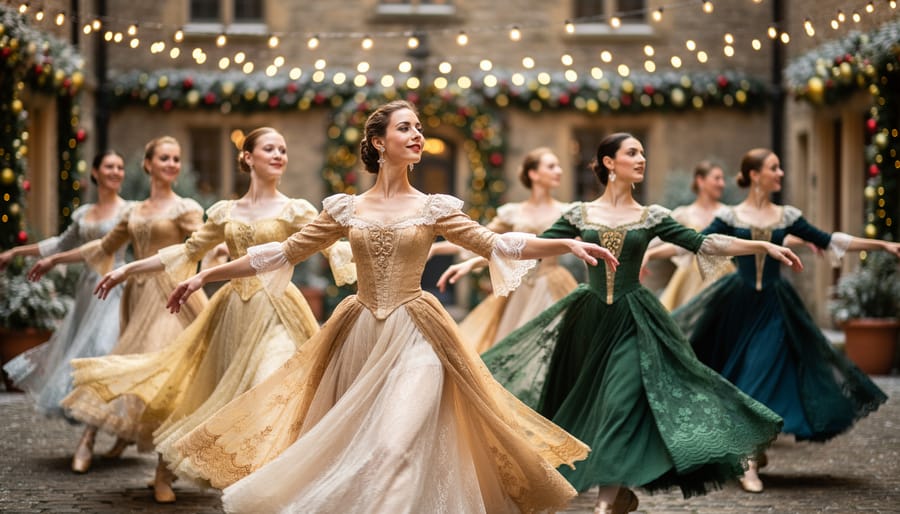 A group of dancers in period-inspired holiday costumes performing with graceful movement at a winter event with soft string lights and evergreen greenery in the background.