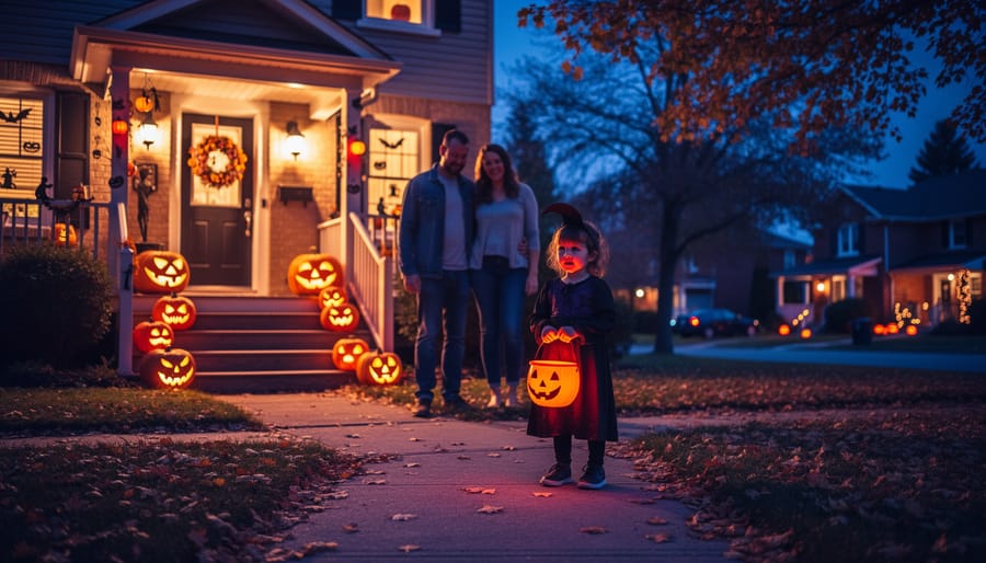 Family trick-or-treating at night on an Ontario street with glowing carved pumpkins and warm porch lights.