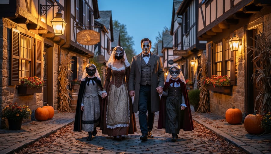 Family in period Halloween costumes walking through a lantern-lit heritage village at night