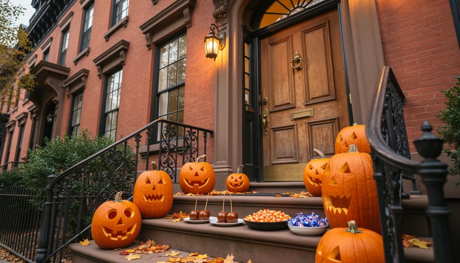 Carved pumpkins and Halloween treats on a wooden table near a historic building entrance