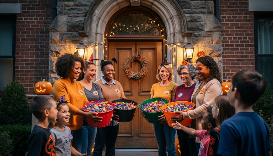Volunteer handing wrapped candy to a child at a lantern-lit historic doorway