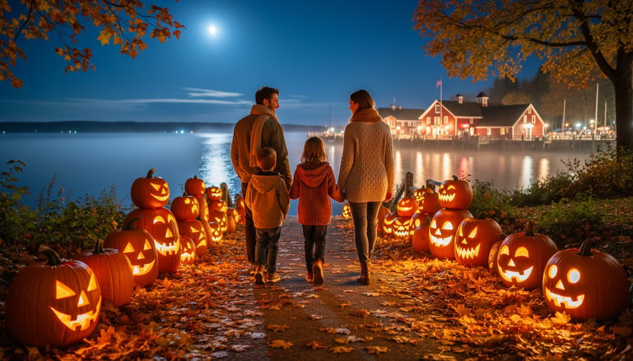A family strolling along a pumpkin-lit path at Discovery Harbour during Pumpkinferno at night, with glowing jack-o’-lanterns and misty water in the background.
