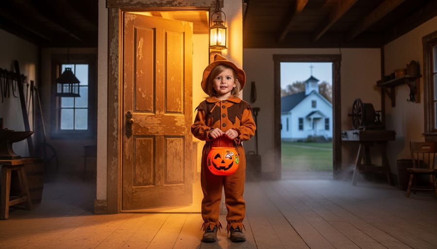 “Costumed child trick-or-treating at a lantern-lit 19th-century heritage building at Pickering Museum Village during Halloween.”