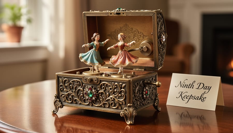 Close-up of a Victorian music box with dancing figurines on a wooden surface.