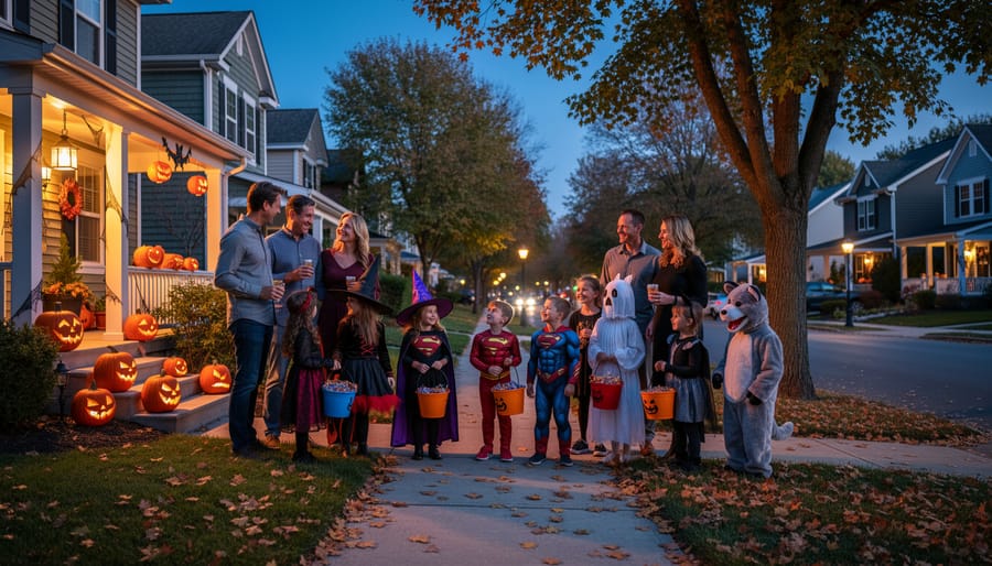 Families and trick-or-treaters walking in a neighborhood with glowing lanterns and Halloween decorations