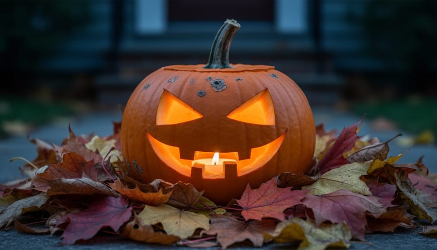 Close view of a carved jack-o’-lantern with a candle glow among fallen autumn leaves