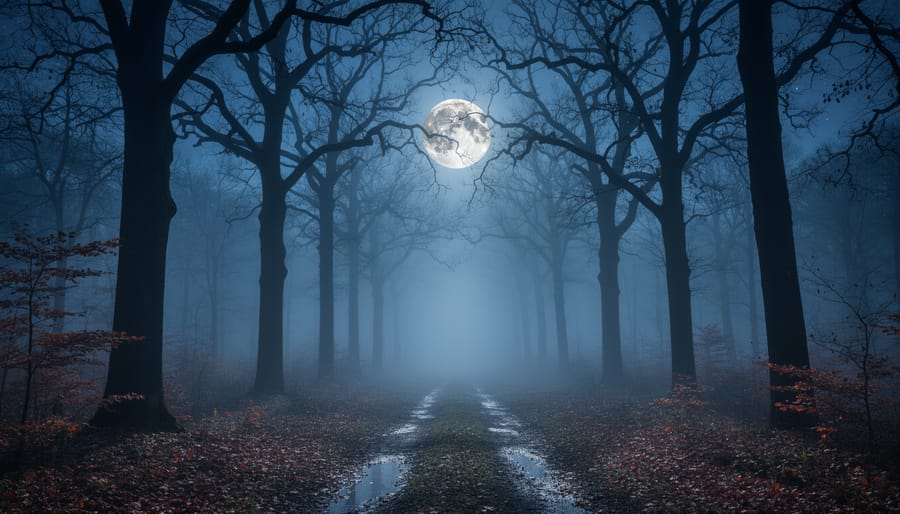 Foggy autumn field at dusk with a harvest moon and silhouetted trees