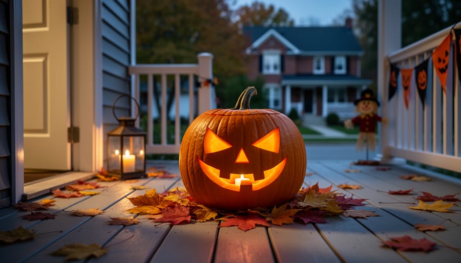 A warmly lit carved jack-o’-lantern on an autumn porch with fallen leaves and Halloween decorations in the evening dusk.