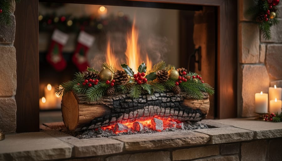 A decorated Yule log burning on a historic stone hearth with holly and glowing firelight.
