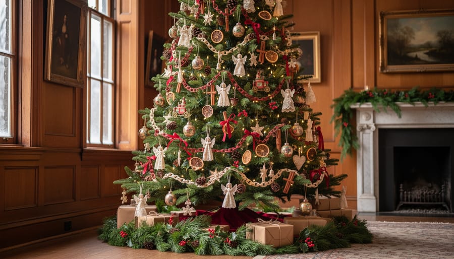 A Christmas evergreen tree decorated with handmade ornaments, pinecones, and warm lights in a heritage-style room.