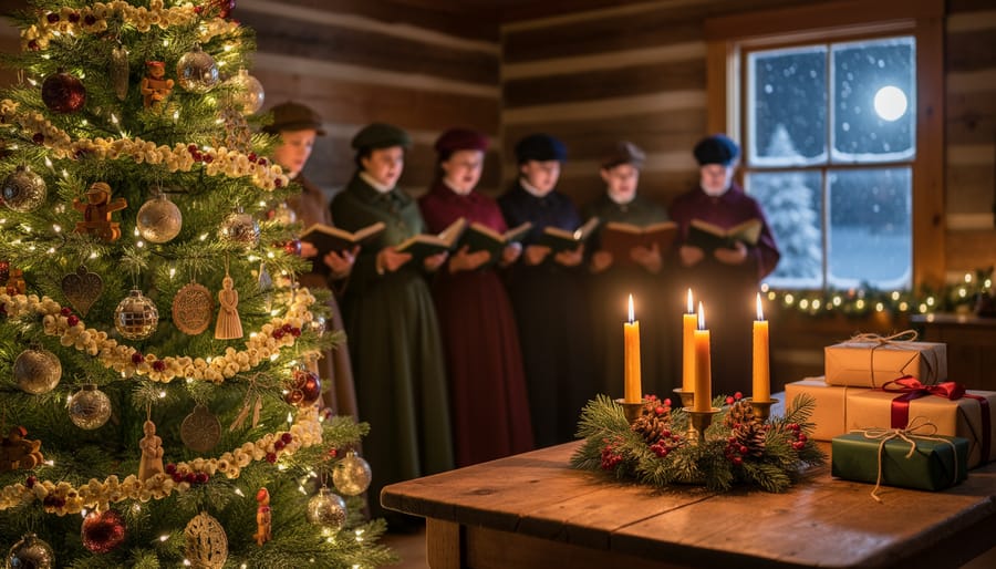Decorated evergreen tree with warm candlelight, wrapped Christmas gifts, and costumed carolers in a snowy Ontario heritage cabin setting.