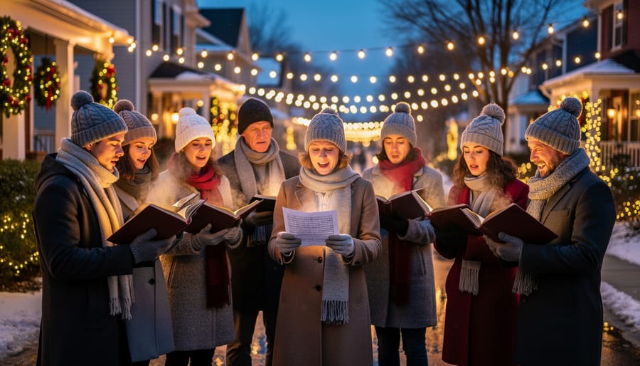 People caroling outdoors at dusk with warm lights and soft snowfall in the background.